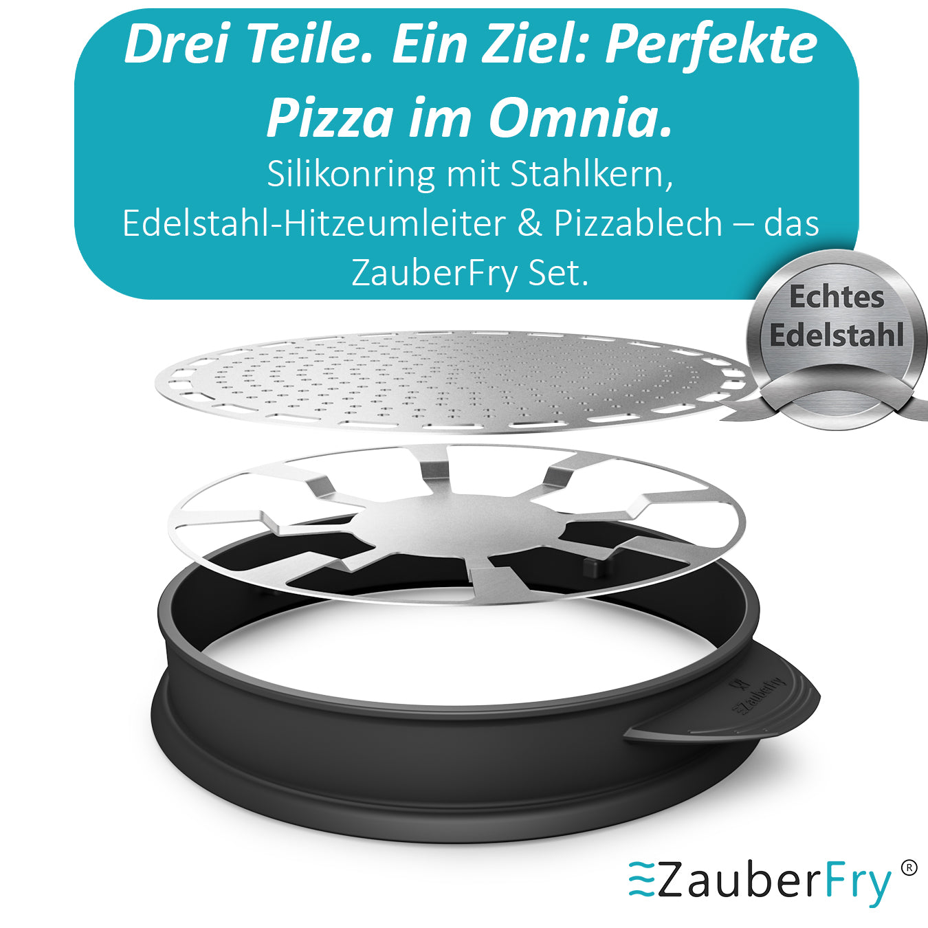 VORBESTELLUNG! AUFGRUND STARKER NACHFRAGE! VERSAND AM 24.11.2025 ZauberFry Pizzaaufsatz kompatibel mit Omnia Camping Backofen – Vollflächiger Backeinsatz aus Edelstahl & Silikon – Lebensmittelecht – Kein Loch in der Mitte – Für Pizza