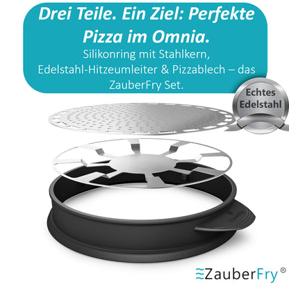 VORBESTELLUNG! AUFGRUND STARKER NACHFRAGE! VERSAND AM 24.11.2025 ZauberFry Pizzaaufsatz kompatibel mit Omnia Camping Backofen – Vollflächiger Backeinsatz aus Edelstahl & Silikon – Lebensmittelecht – Kein Loch in der Mitte – Für Pizza
