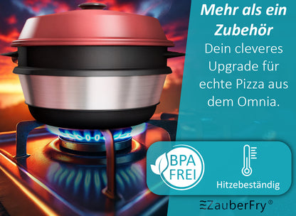 VORBESTELLUNG! AUFGRUND STARKER NACHFRAGE! VERSAND AM 24.11.2025 ZauberFry Pizzaaufsatz kompatibel mit Omnia Camping Backofen – Vollflächiger Backeinsatz aus Edelstahl & Silikon – Lebensmittelecht – Kein Loch in der Mitte – Für Pizza