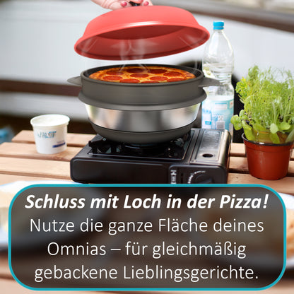 VORBESTELLUNG! AUFGRUND STARKER NACHFRAGE! VERSAND AM 24.11.2025 ZauberFry Pizzaaufsatz kompatibel mit Omnia Camping Backofen – Vollflächiger Backeinsatz aus Edelstahl & Silikon – Lebensmittelecht – Kein Loch in der Mitte – Für Pizza