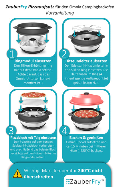 VORBESTELLUNG! AUFGRUND STARKER NACHFRAGE! VERSAND AM 24.11.2025 ZauberFry Pizzaaufsatz kompatibel mit Omnia Camping Backofen – Vollflächiger Backeinsatz aus Edelstahl & Silikon – Lebensmittelecht – Kein Loch in der Mitte – Für Pizza